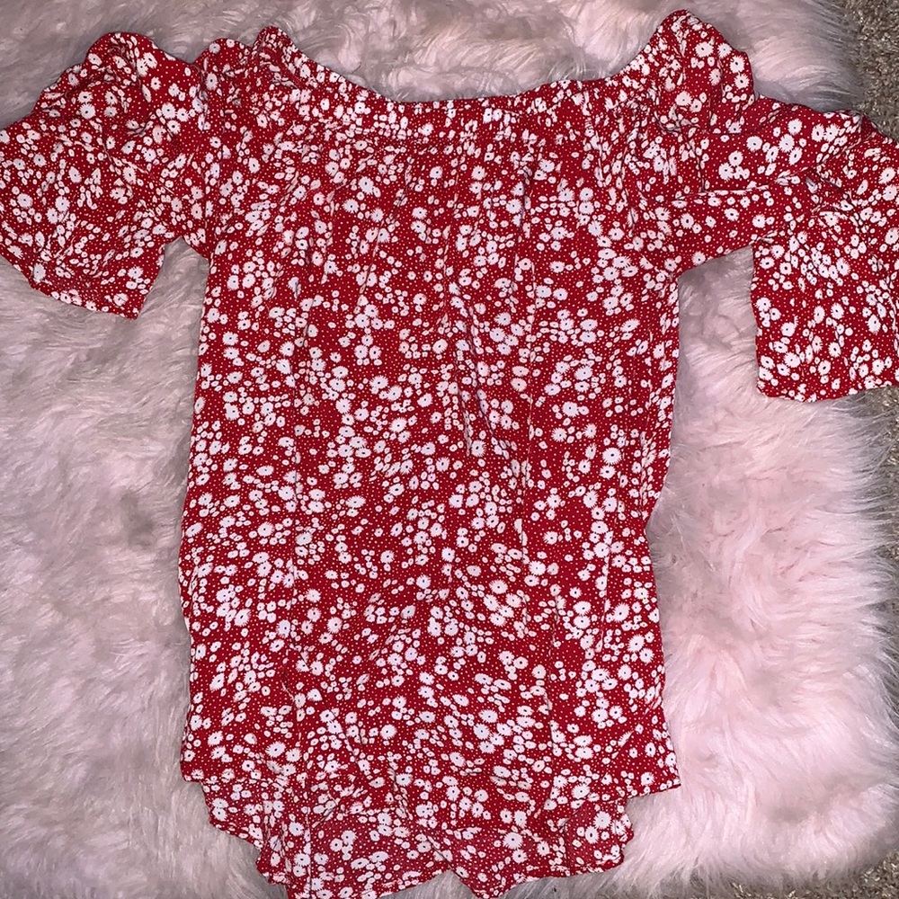 Red floral off the shoulder blouse bell sleeves